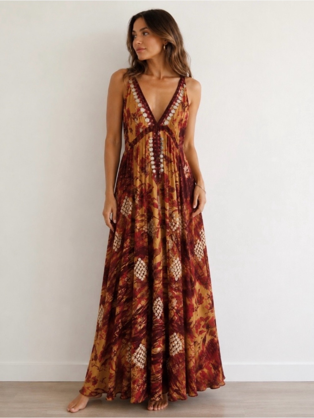 Zury boho Maxi dress made in India, free size, v-neck, wine red floral.